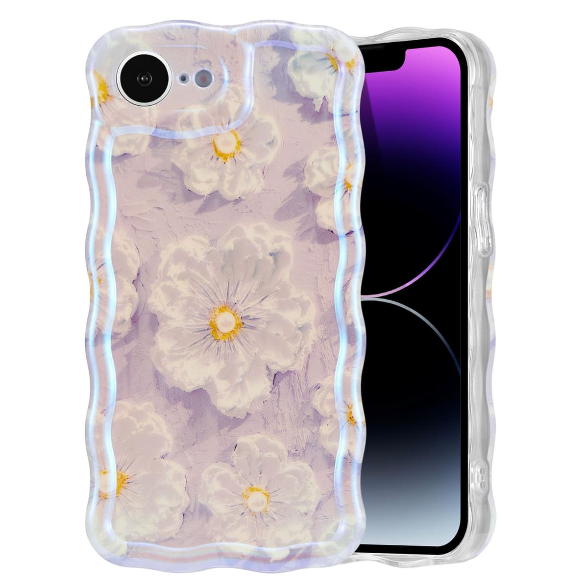 EYZUTAK Case for iPhone 16, Colorful Retro Oil Painting Printed Flower Laser Glossy Pattern Cute Curly Wave Edge Exquisite Phone Cover Stylish Durable TPU Protective Case for Girl Women-Green — view 87