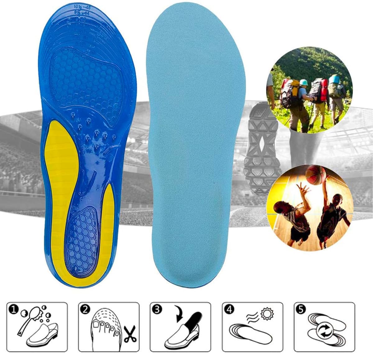 3D-Xpain™Women Men Gel Insoles Shock Absorbing Insole Pain Relief Anti Fatigue Everyday Active No-Odour Work Sports Comfort Jelly Shoe Inserts for Boots Hiking Running Standing 3d-xpain Classic 1 pair Men — view 5