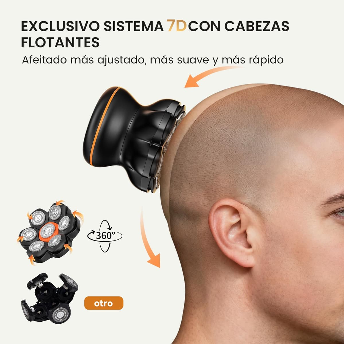 MAXGROOM Afeitadora Cabeza Hombre, Maquina Afeitar Hombre, Afeitadora para Calva en Seco y Húmedo, Batería de Larga Duración, 7 Cabezales, Magnético, 100% impermeable, Color Negro — view 2