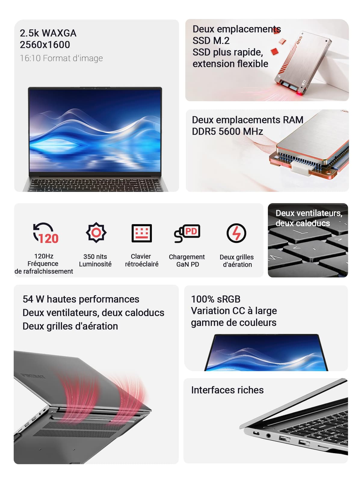Portátil para Juegos de 16 Pulgadas, Ryzen 7 H 255 (Superior a 7735HS/7730U/7430U), hasta 4,9 GHz, 16 GB de RAM a 5600 MHz, SSD de 512 GB, 2560 x 1600 QHD, WiFi 6, BT 5.2, Gris【U6B H 255】 — view 3