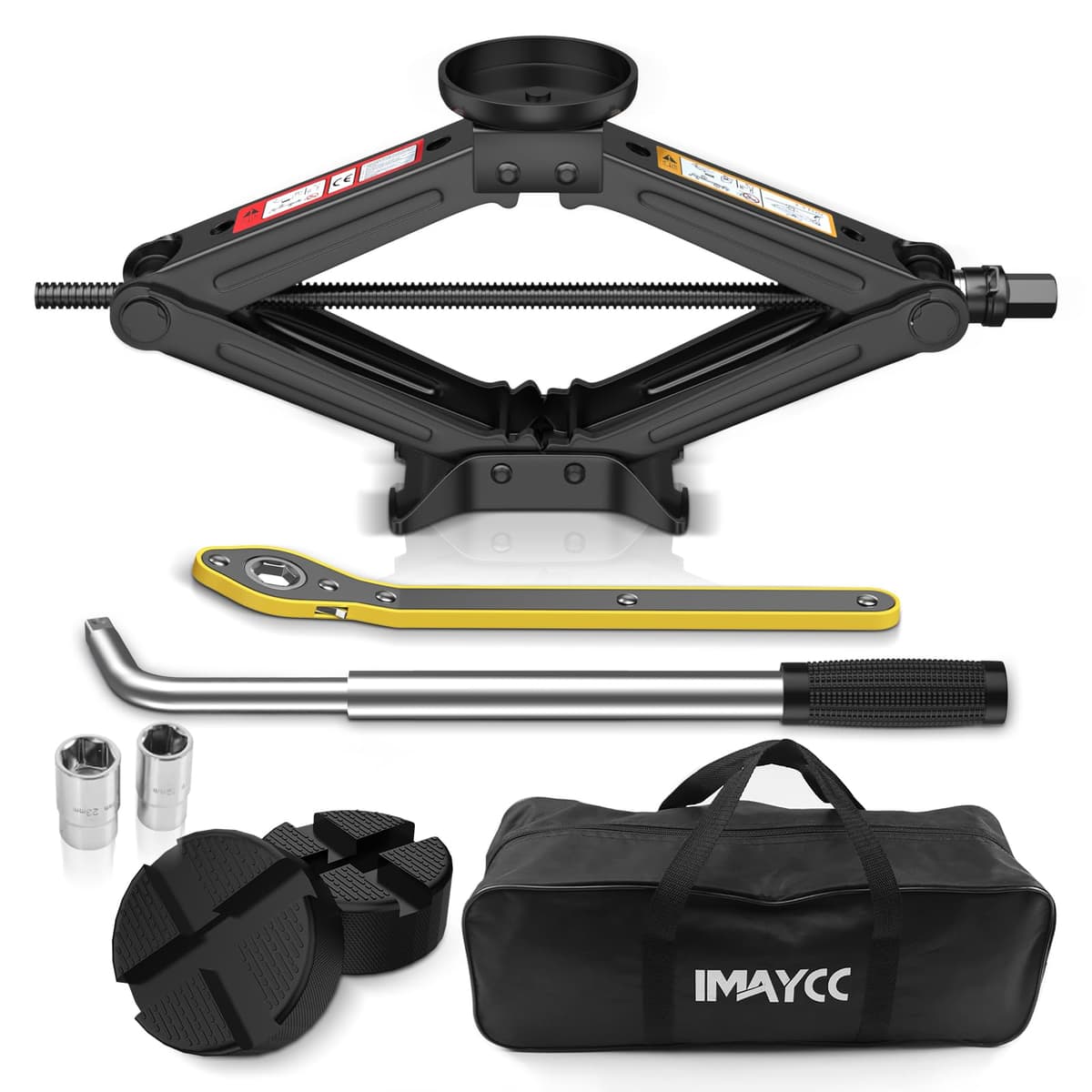 IMAYCC Nuevo Gato para Coche 2.5T/2500kg, Kit de Gato Coche con 2 Piezas Bloque De Goma Universal, Portátil Kit de Emergencia con Llave de Tuercas de Rueda.