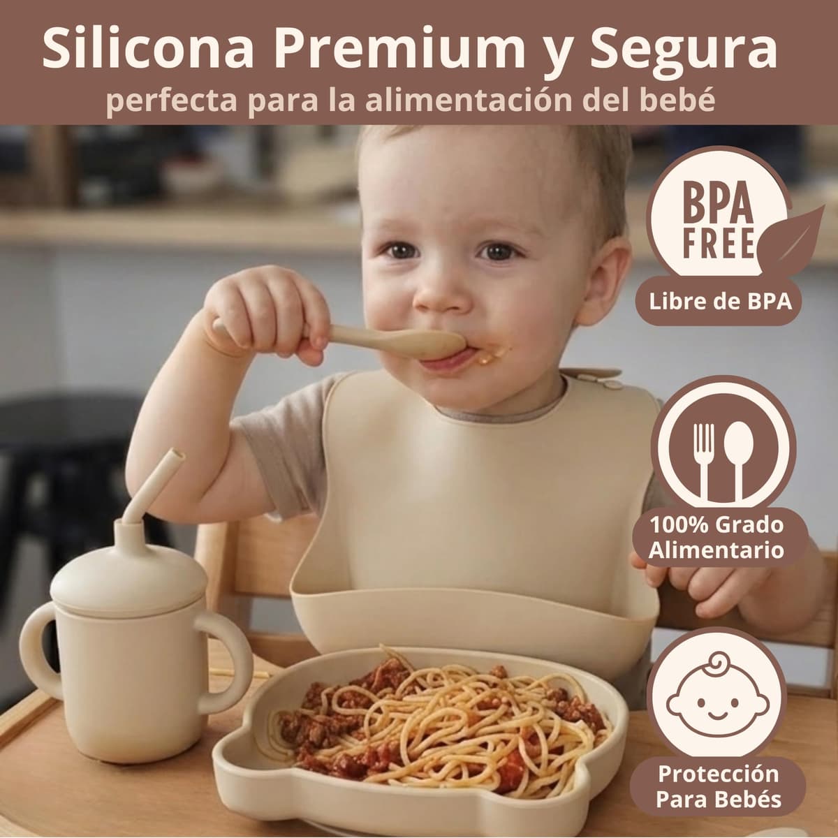 Vajilla Bebé Silicona BLW Completa con Ventosa – Set Alimentación Complementaria 6 Meses+, Plato y Bol Antideslizantes, Babero Ajustable, Vaso Pajita Antiahogo y Chupete Fruta de Regalo, Libre de BPA — view 4