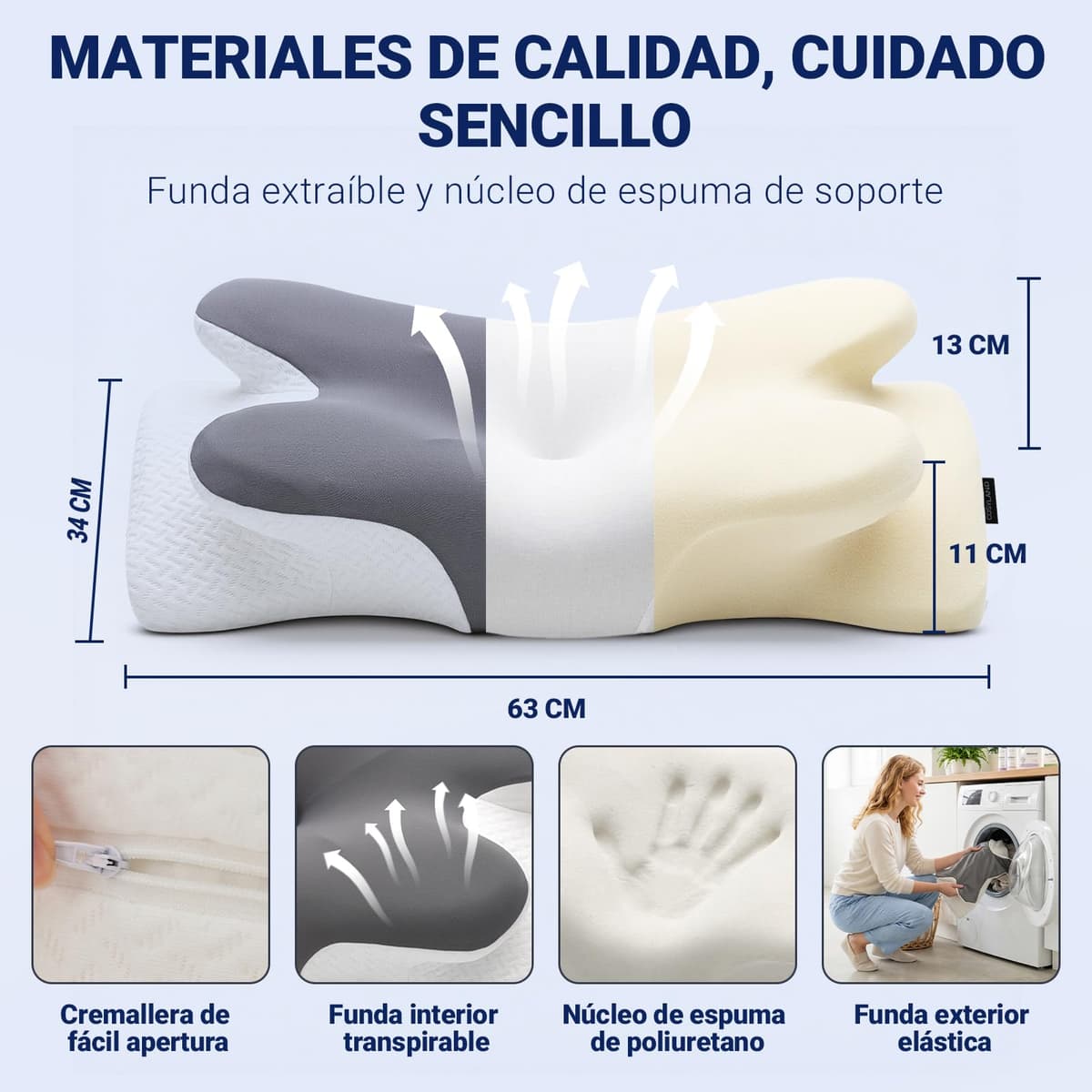 COSYLAND Almohada Cervicales y Cuello - Espuma Viscoelástica, Diseño Mariposa con Soporte Ergonómico y Transpirable, para Dormir de Lado, Boca Arriba y Boca Abajo, 63 x 34 x 11/13 cm — view 4