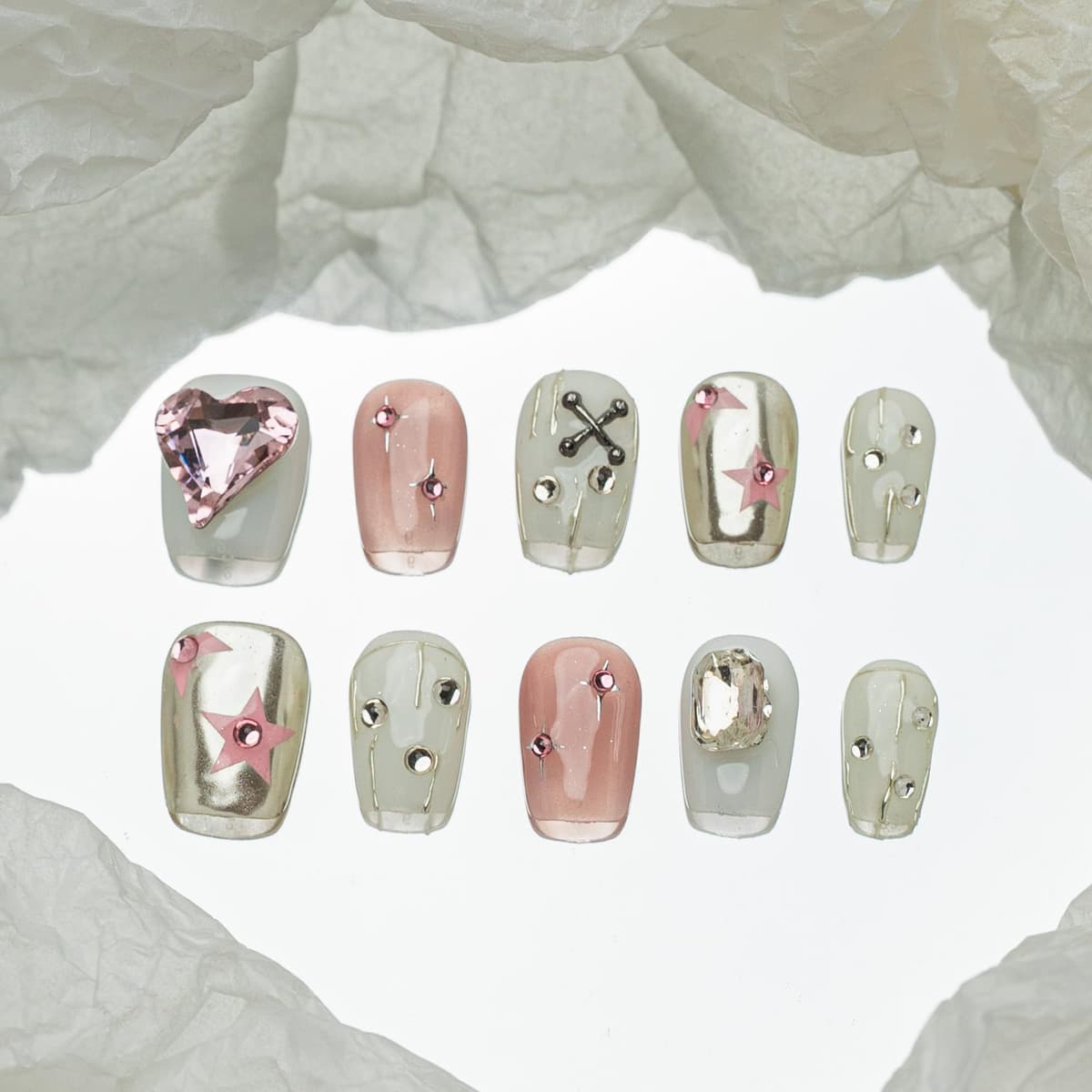Sun&Beam Nails Handmade Press On Nail Long Coffin Ballerina Pink Flower Acrylic Fake Tip 3D Design Art Charms Cute with Storage Box 10 Pcs (S) — view 270