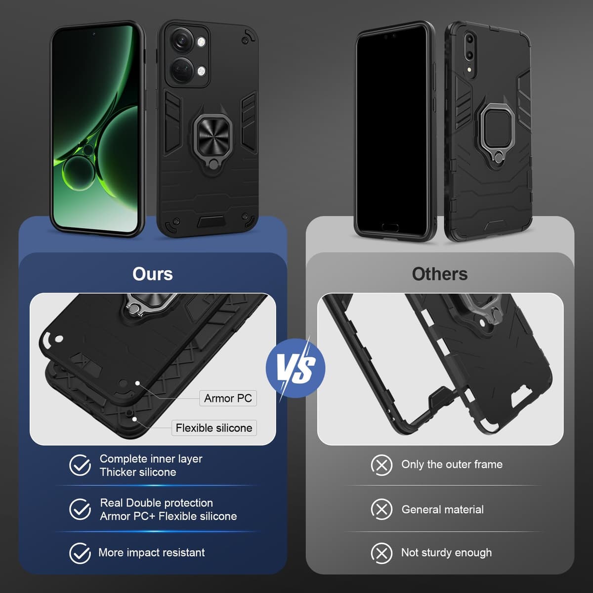 Funda para CMF Phone 2 Pro, Carcasa Antigolpes con Soporte anular metálico, Case Protectora de Grado Militar, Negro — view 783