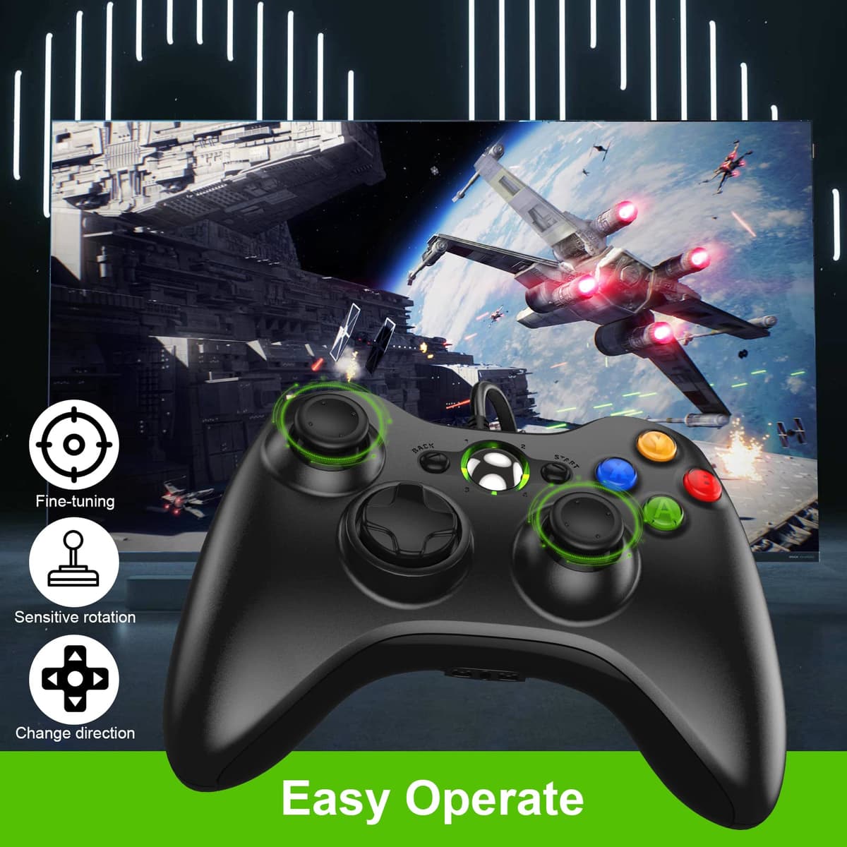 Mando para Xbox 360, Mando PC, USB Mando para Xbox 360/Xbox 360 Slim/PC Win7/8/10/11/XP Joystick Gamepad con Doble Vibración Wired Controlador — view 5