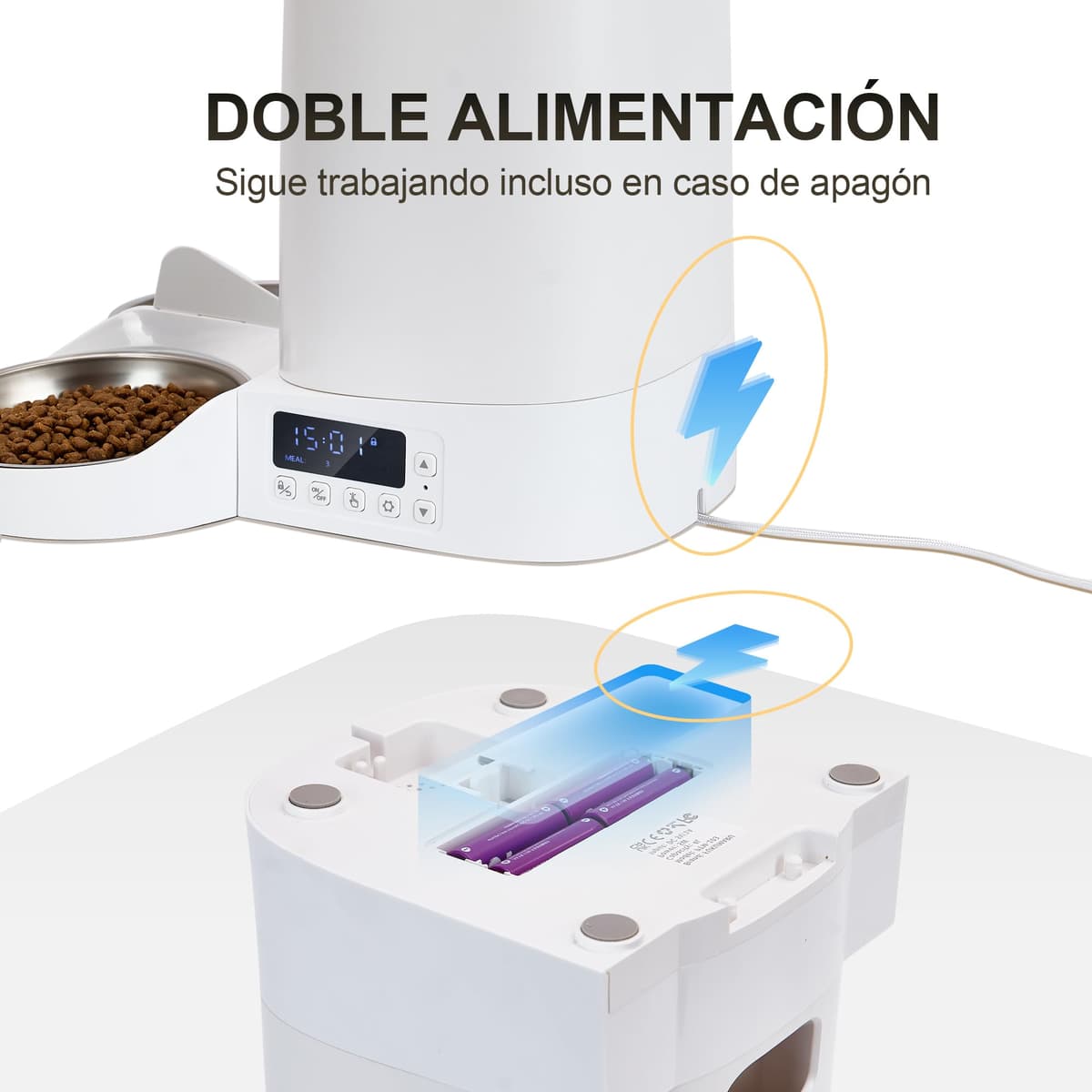 FUKUMARU WiFi Automatic Cat Feeder, 4L Food Dispenser for Dog/Cat with Two Bowls, Customized Program of Automatic Feeding, Battery Operated and Electrical Wiring, White — view 12