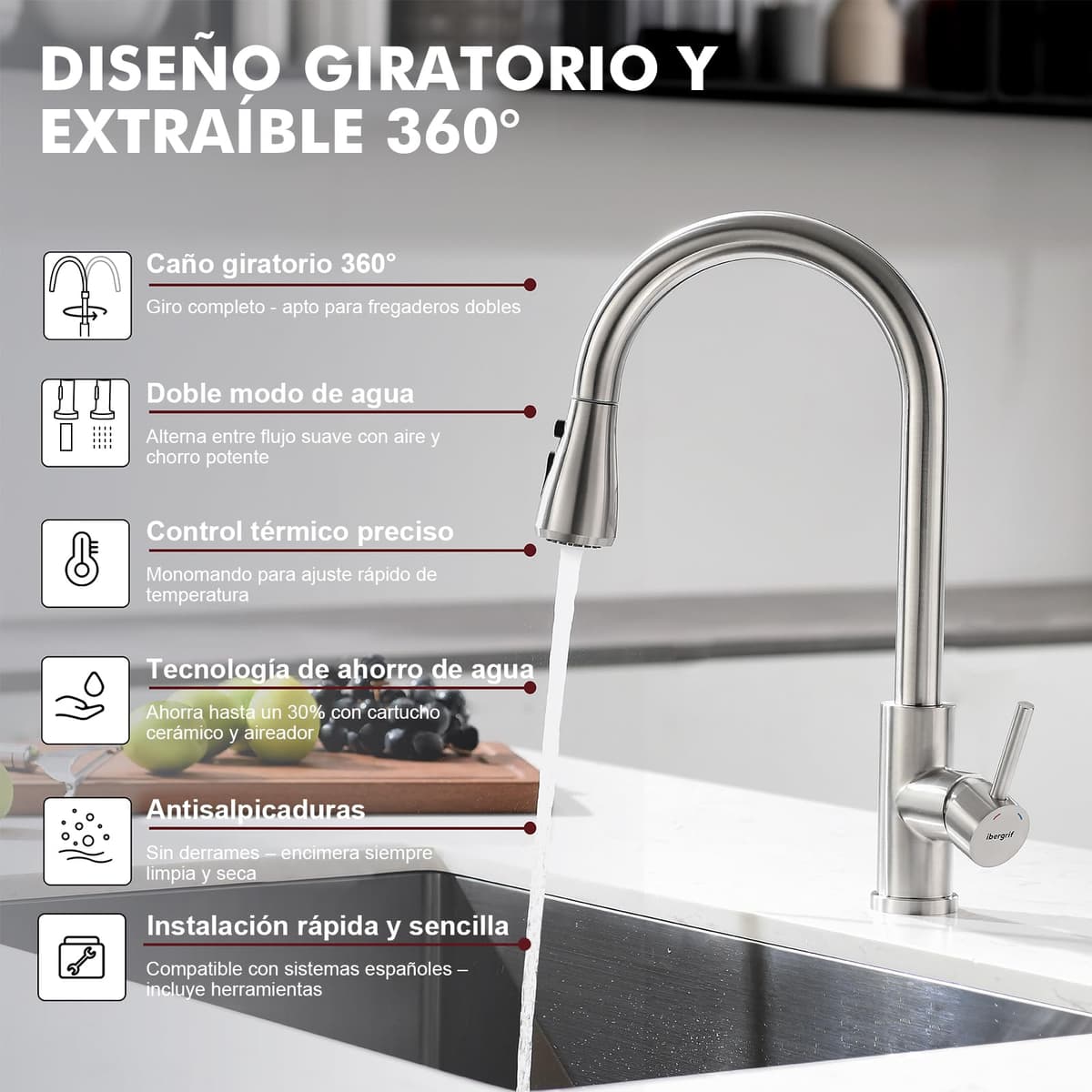 Ibergrif Grifo Cocina Extraíble, Grifo Cocina Fregadero 360° Giratorio, 3 Modos de Agua, Acero Inoxidable 304, Ahorro Energético 30%, Instalación Sin Herramientas en 5 Minutos, M22137 — view 3
