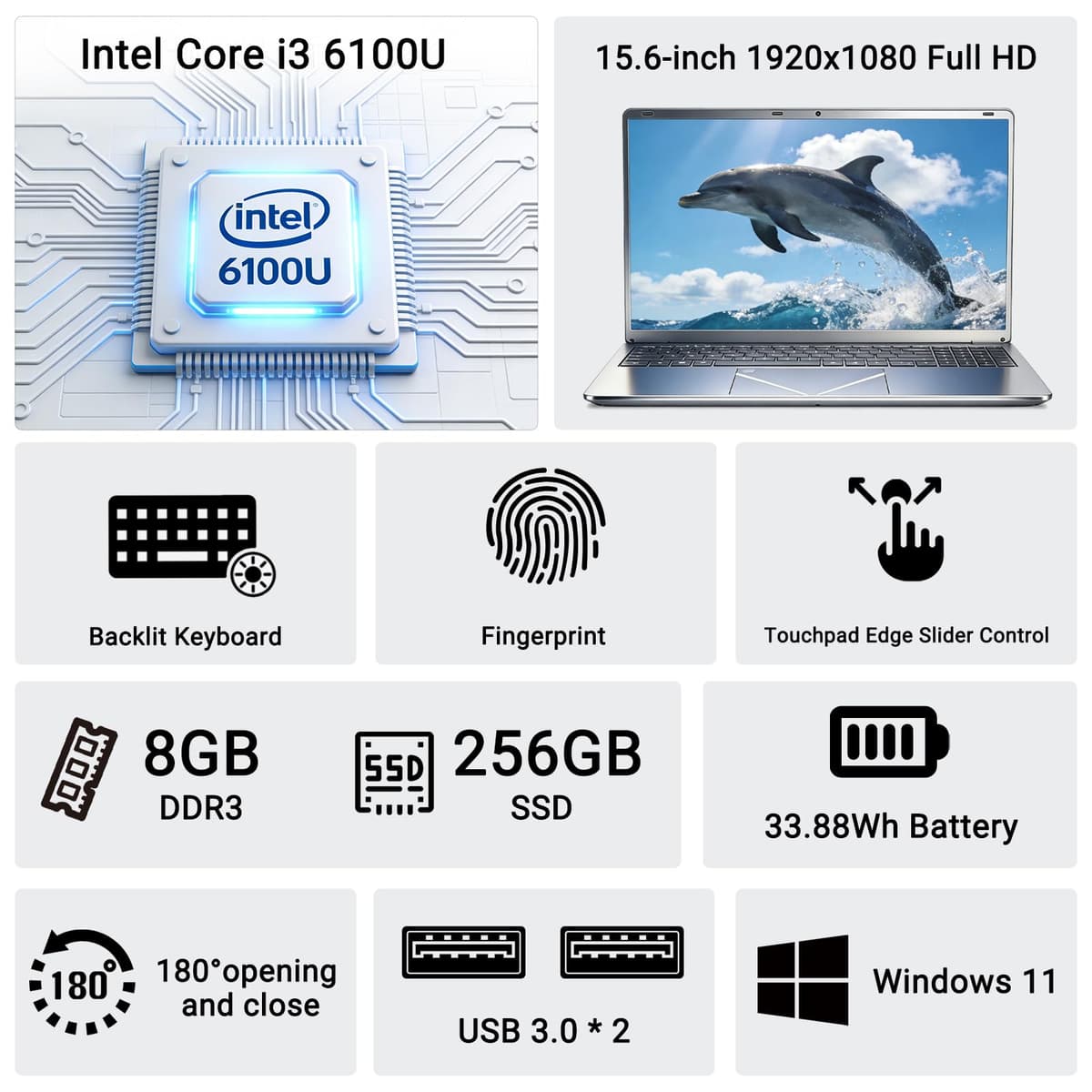 Laptop Core i3 de 15.6 pulgadas, computadora portátil de negocios Win 11, 8 GB de RAM, 256 GB SSD, USB 3.0 dual, teclado retroiluminado y huellas dactilares — view 2