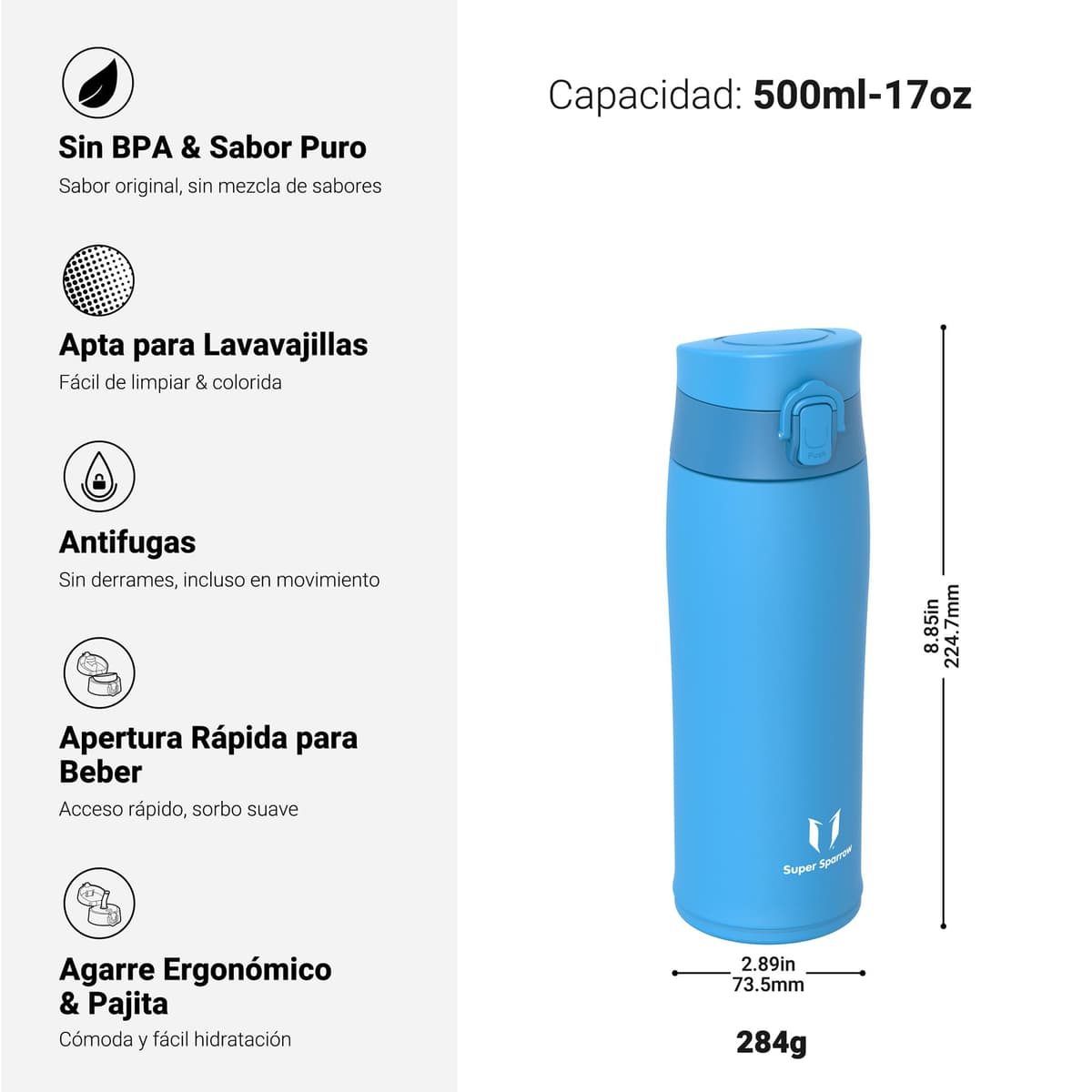 Super Sparrow Botella Agua Acero Inoxidable - Botella Termica - 350ml / 500ml / 750ml / 950ml - Termo Sin BPA, Botella de agua para niños - Incluye 2 Tapas : con Pajita y con Boquilla — view 3