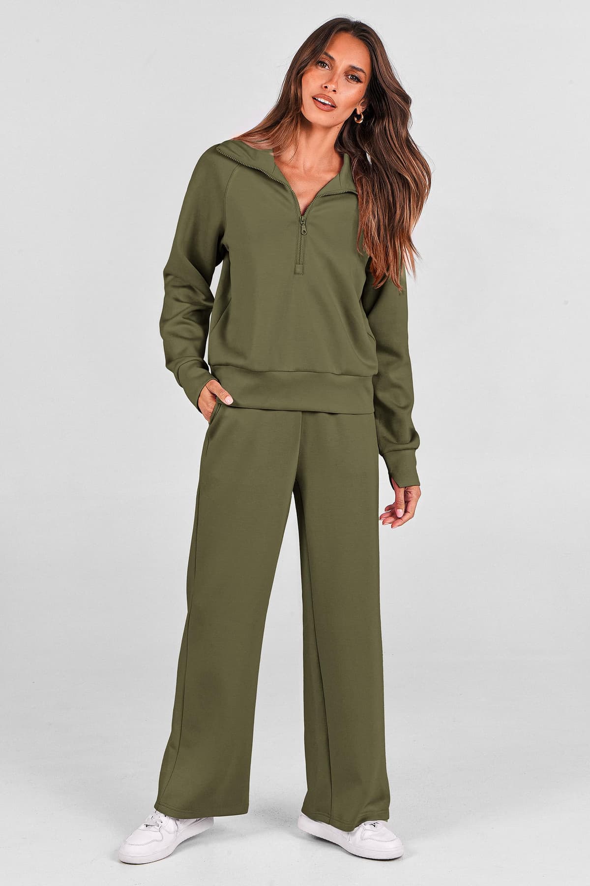 PRETTYGARDEN Women's 2 Piece Outfits Casual Lapel Half Zip Sweatshirts and Wide Leg Pants Tracksuit Sets — view 5