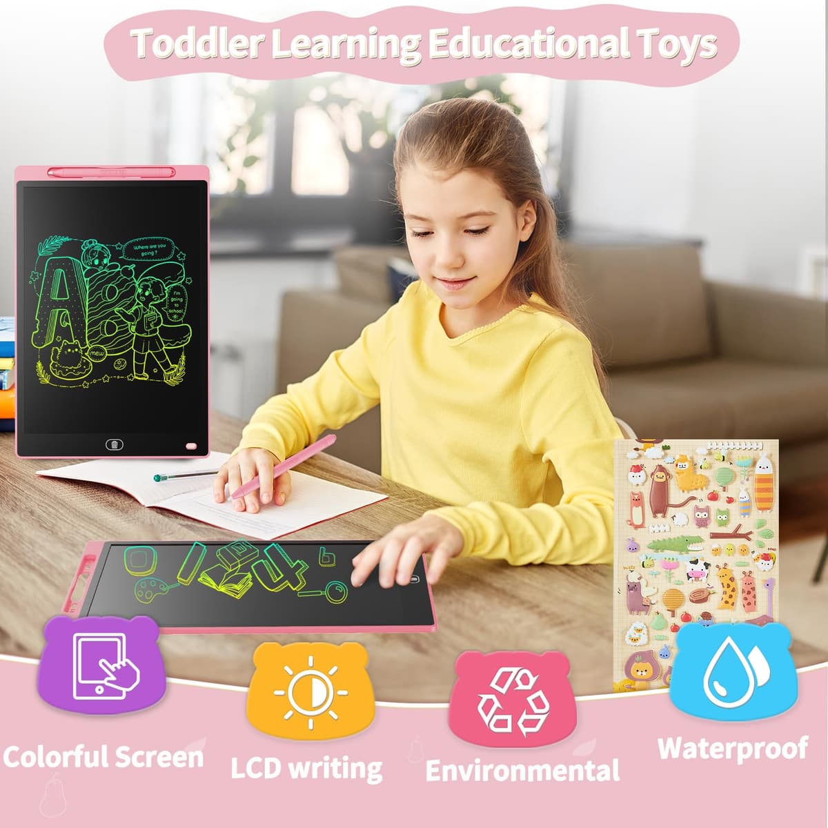 Genialba 2 Pack LCD Drawing Board 12 Inch, Colourful LCD Writing Tablet Erasable [Individual Package], Toddler Toys Learning Educational Toys for 2 3 4 5 6 7 Years Boys Girls (Blue&Pink) — view 3