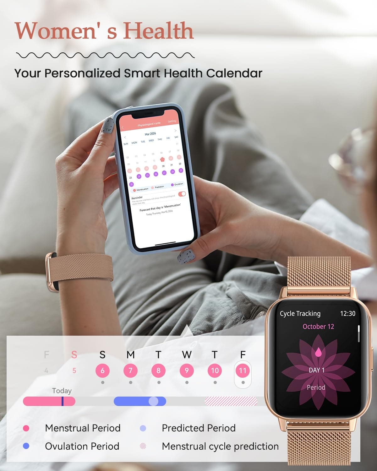 2026 Nuevo Reloj Inteligente Mujer, 1.85" AMOLED Smartwatch con Llamadas Función Femenina, 24H SpO2/Pulsómetro/Sueño,113+ Modos Deportivos 5ATM Calorías Podómetro WhatsApp Android iOS Oro Rosa, Regalo — view 4