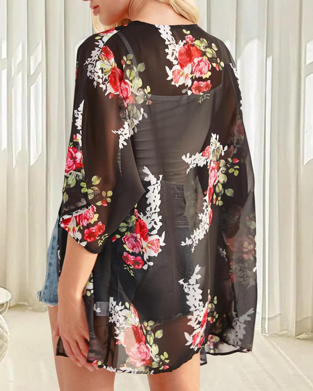 Women's Floral Print Puff Sleeve Kimono Cardigan Loose Cover Up Casual Blouse Tops — view 2