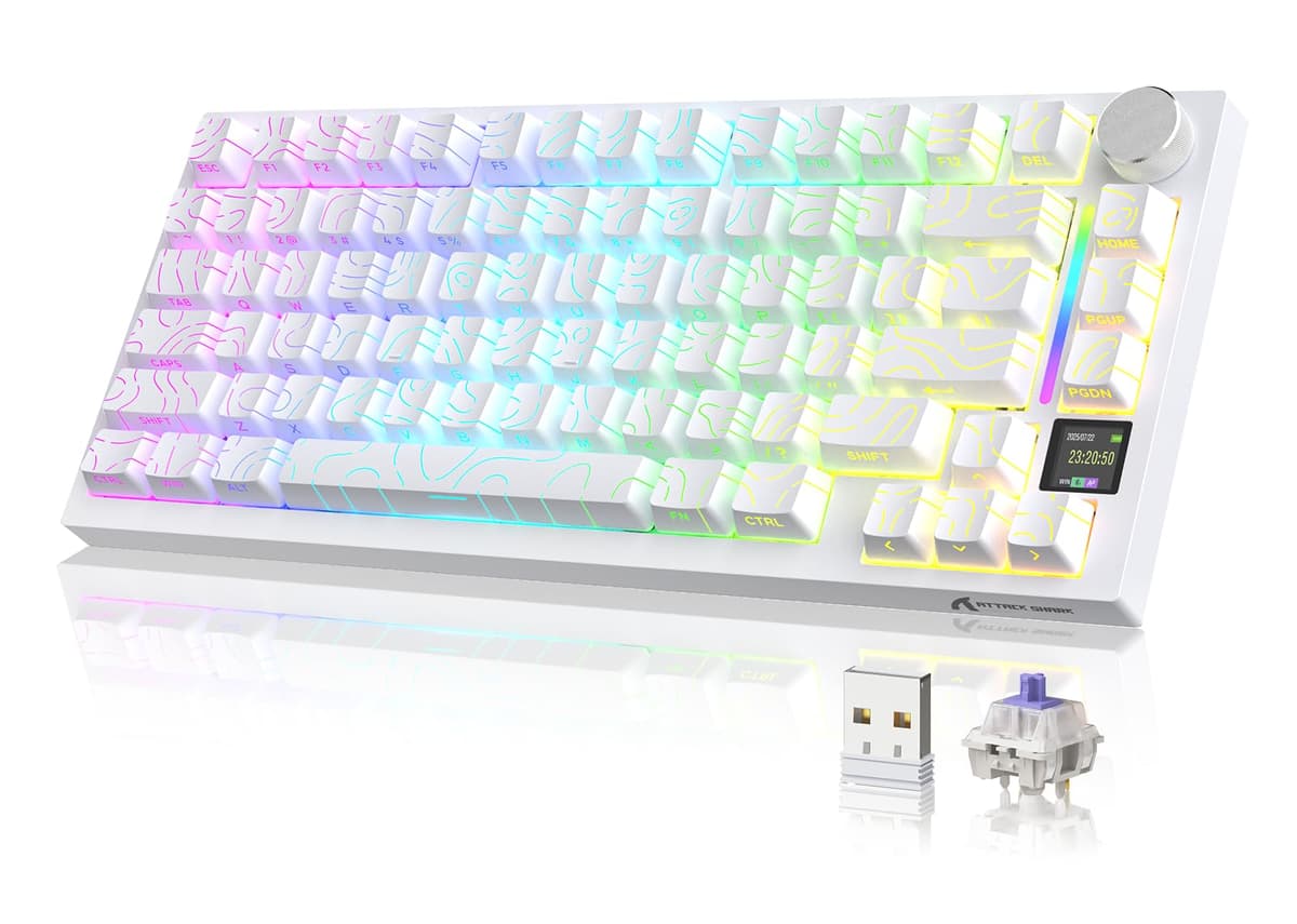 YINDIAO ATTACK SHARK X820 Ultra Teclado Mecánico Gasket con Pantalla TFT y Perilla, Diseño ANSI 75%, 2,4 GHz/BT/Cableado, 5 Espumas Insonorizantes, Hot Swap, para PC,MAC (Blanco, Interruptor Regalo)