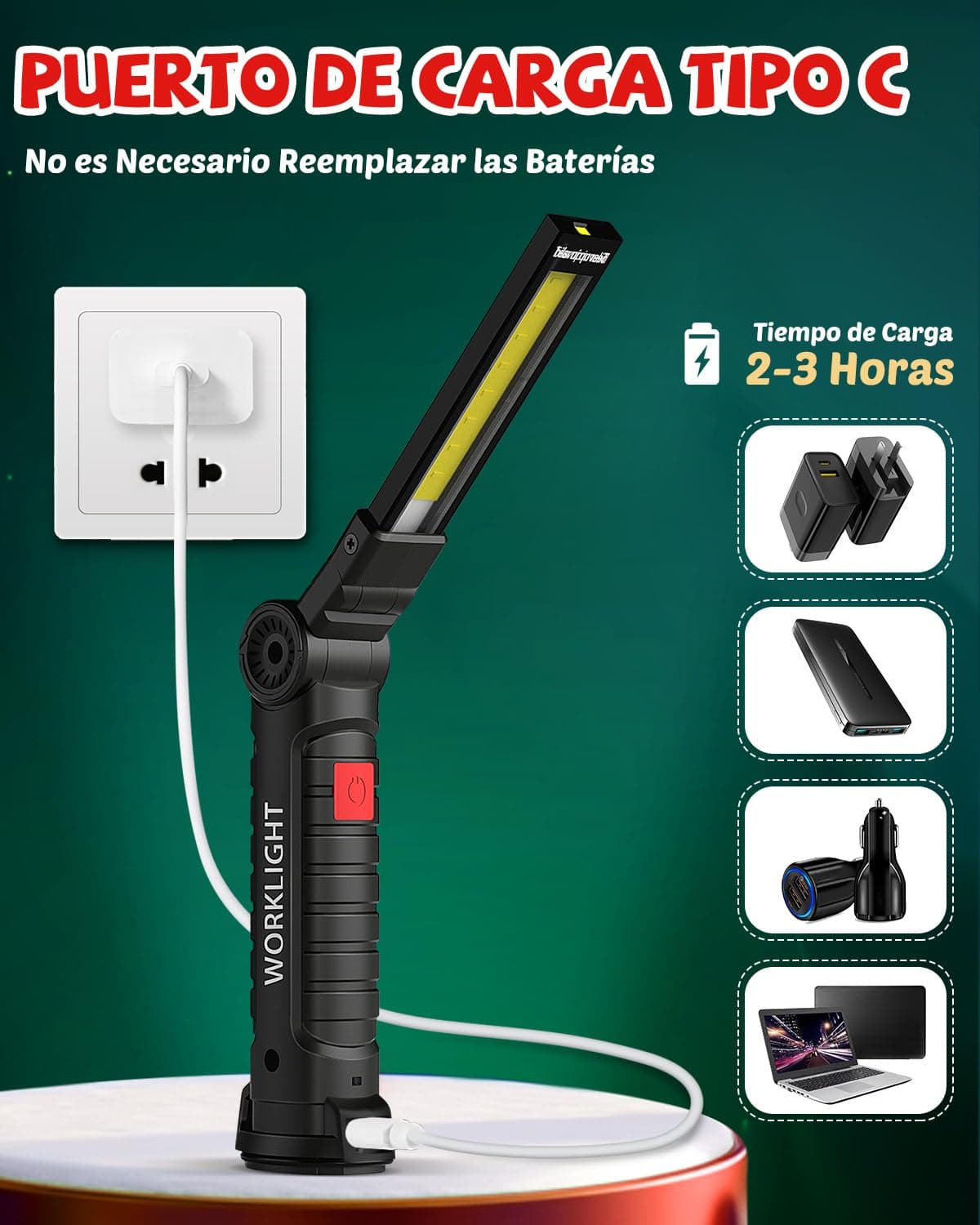 Coquimbo Regalo Hombre Linterna Taller LED Recargable, Linterna Portátil de Trabajo Lámpara de Inspección con Magnética Base y Gancho para Taller Cámping Emergencia(2 Piezas, Negro) — view 9
