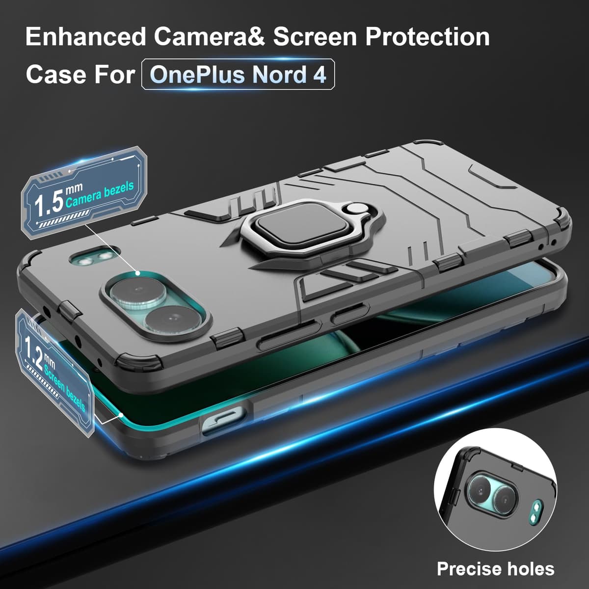 Funda para CMF Phone 2 Pro, Carcasa Antigolpes con Soporte anular metálico, Case Protectora de Grado Militar, Negro — view 446