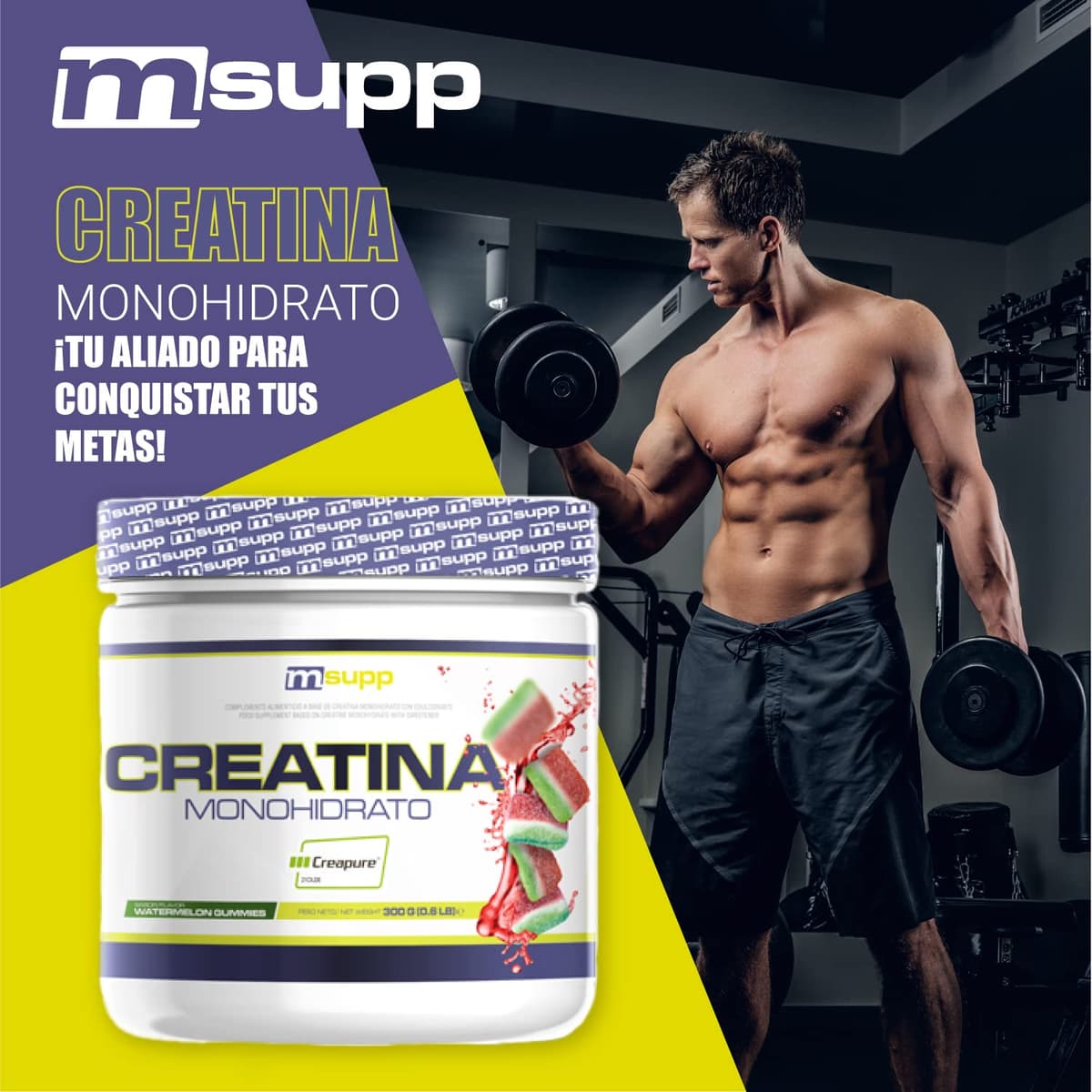 MASmusculo - Creatina Monohidrato Creapure® - en Polvo - Sin Azúcar - 300 g - Bote 3 Meses - Recuperador Muscular - Aumenta Masa Muscular - Sabor Chuches de Sandía — view 4