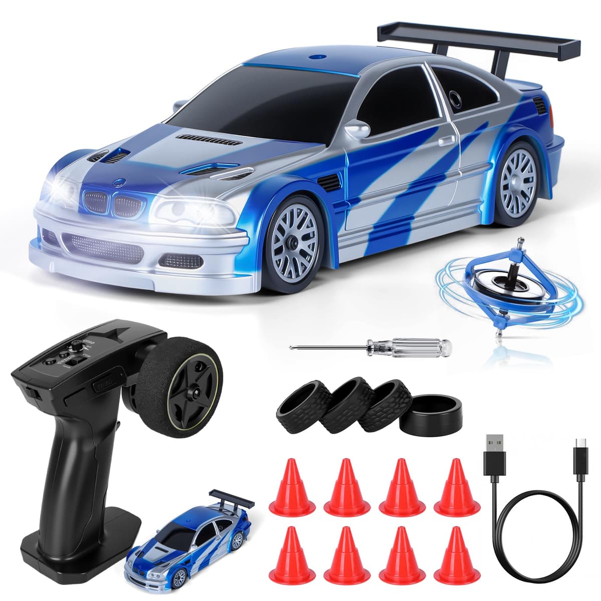 JONRRYIN Coche Teledirigido Drift Pro, 1:43 Mini Drift RC Car, 4WD Car Radiocontrol con Giroscopios y Luces LED, 15km/h, Coche Teledirigido de Juguete para Niños de 14+ Años (Azul Pro-Gyro)