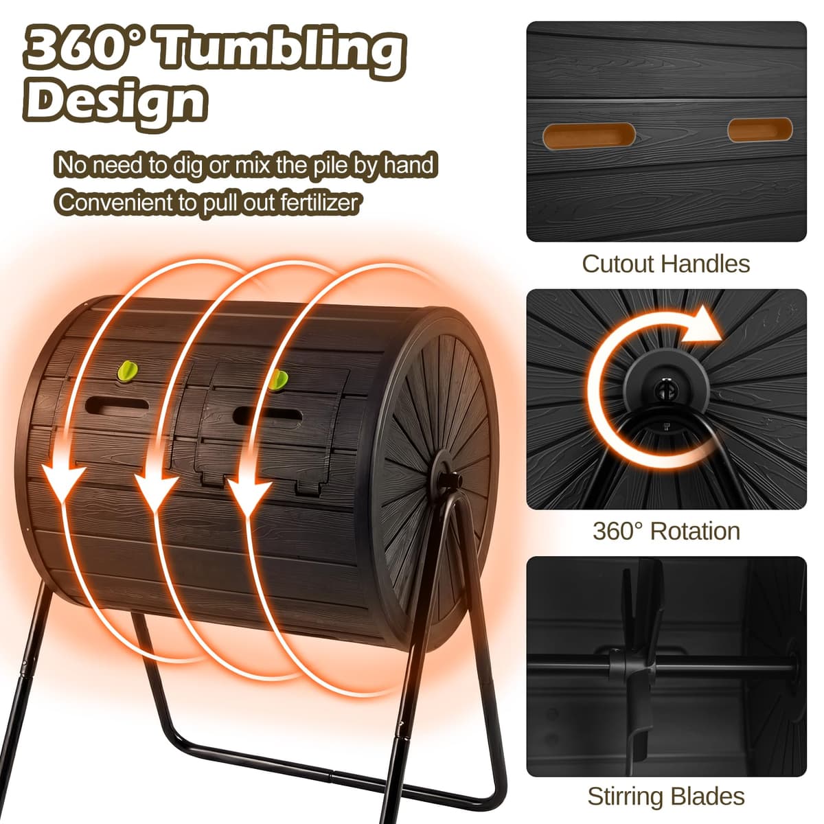 GiantexUK Dual Chamber Garden Compost Bin, 142L Tumbling Composter with 2 Doors & Metal Legs, BPA Free Outdoor Garden Rotating Composting Waste Box (Black) — view 2