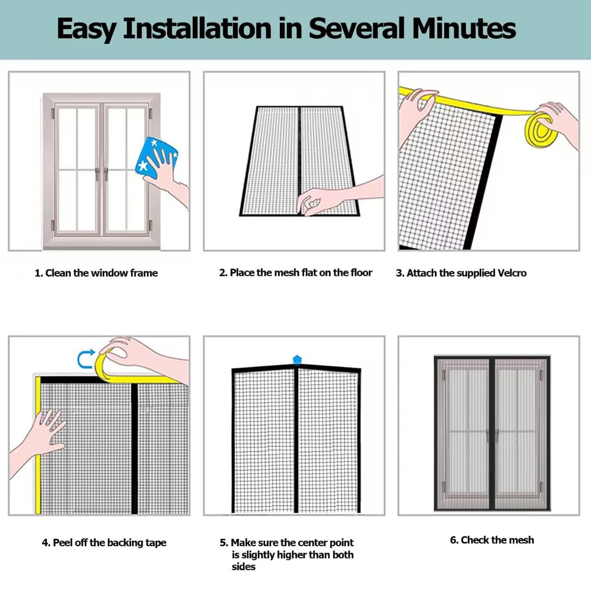 WENT Mosquitera magnética para ventanas, 90 x 120 cm, mosquitera magnética para puertas y ventanas, corredera, cierre automático, con cinta adhesiva, instalación rápida sin herramientas, color negro — view 6