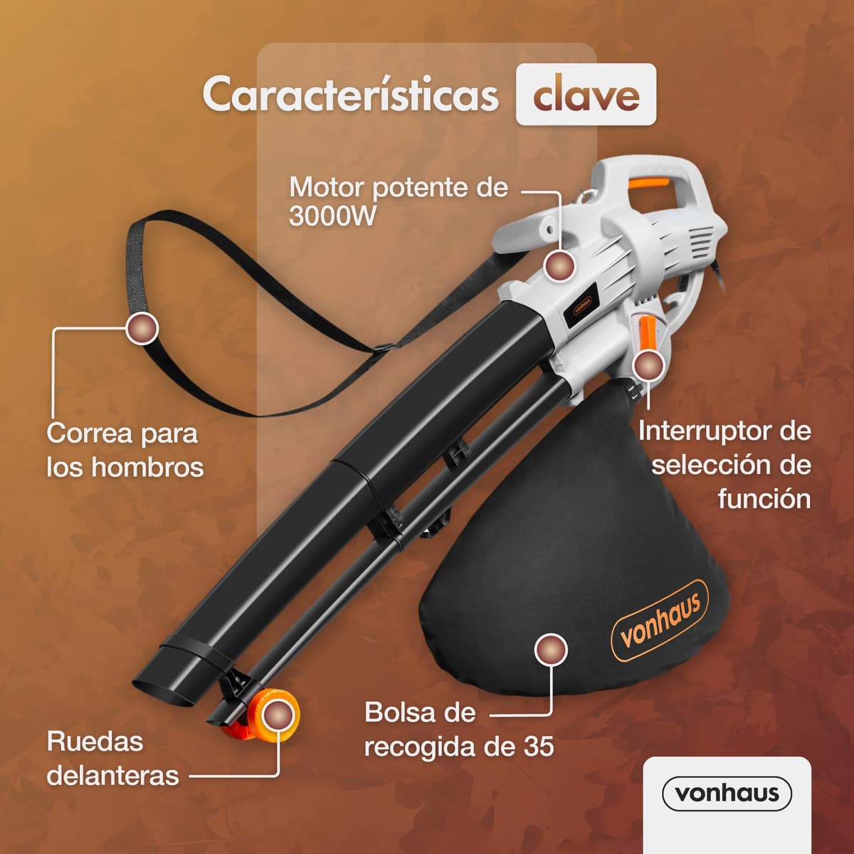 VonHaus Soplador Aspirador de Hojas Ligero de 3000W – Sopladora Aspiradora de Hojas de Jardín, Patio, Canalones, Caminos y Más, Correa de Hombro, Ruedas, Bolsa de Recogida de 35L 10:1 (Negro) — view 3