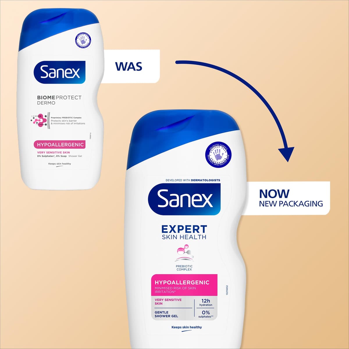 Sanex Expert Skin Health Hypoallergenic Shower Gel l 570ml, for Very Sensitive Skin, Sensitive Shower Gel, 12 Hour Hydration, Prebiotic & Postbiotic Complex, Dermatologically Tested, 0% Sulphates** — view 3