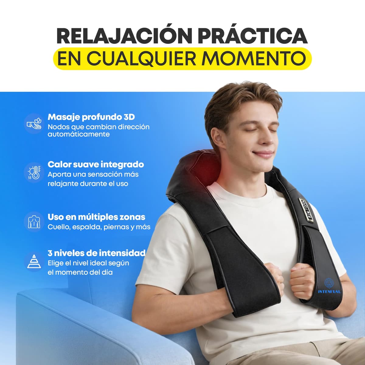 Masajeador Cervical y Espalda Shiatsu con Calor, Masajeador de Cuello, Hombros y Lumbar con 2 Nodos Rotatorios y 4 Cabezales, 3 Intensidades, Masaje Profundo 3D, Uso en Casa y Coche (No Inalámbrico) — view 3