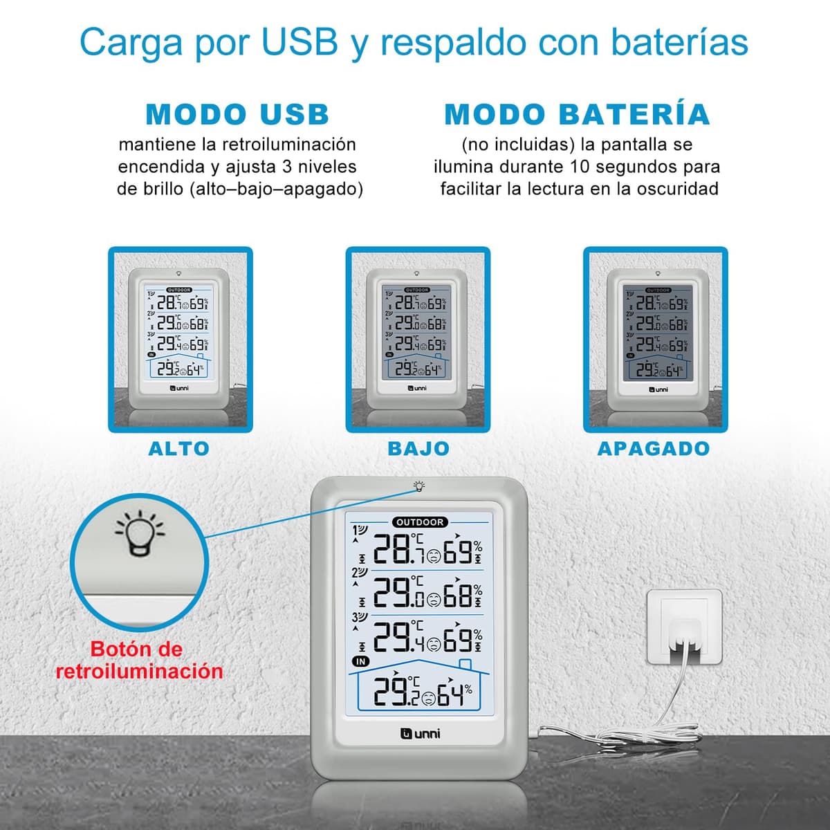 Termómetro inalámbrico para interiores y exteriores con 3 sensores, pantalla de 4.5 pulgadas, alcance de 100 m y retroiluminación Ajustable — view 2