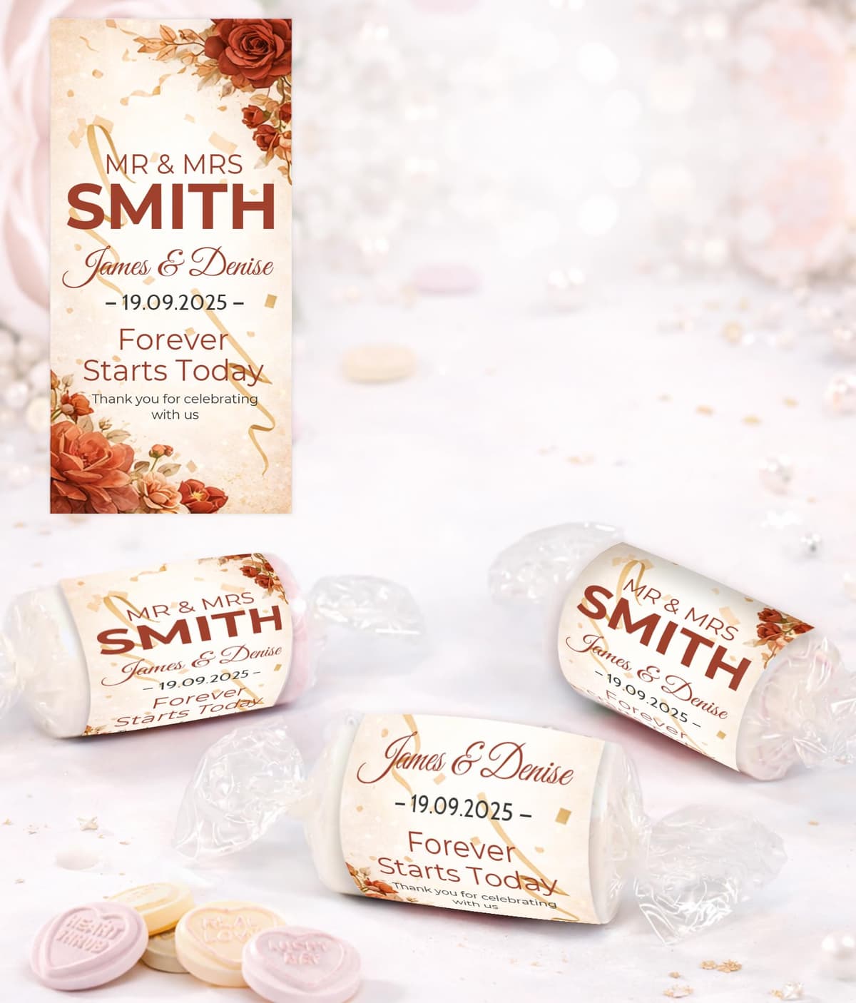 Personalised Wedding Favours Love Hearts, Custom Wrapped Wedding Sweets, Forever Starts Today, Mr & Mrs Favours UK (Champagne Gold) — view 5