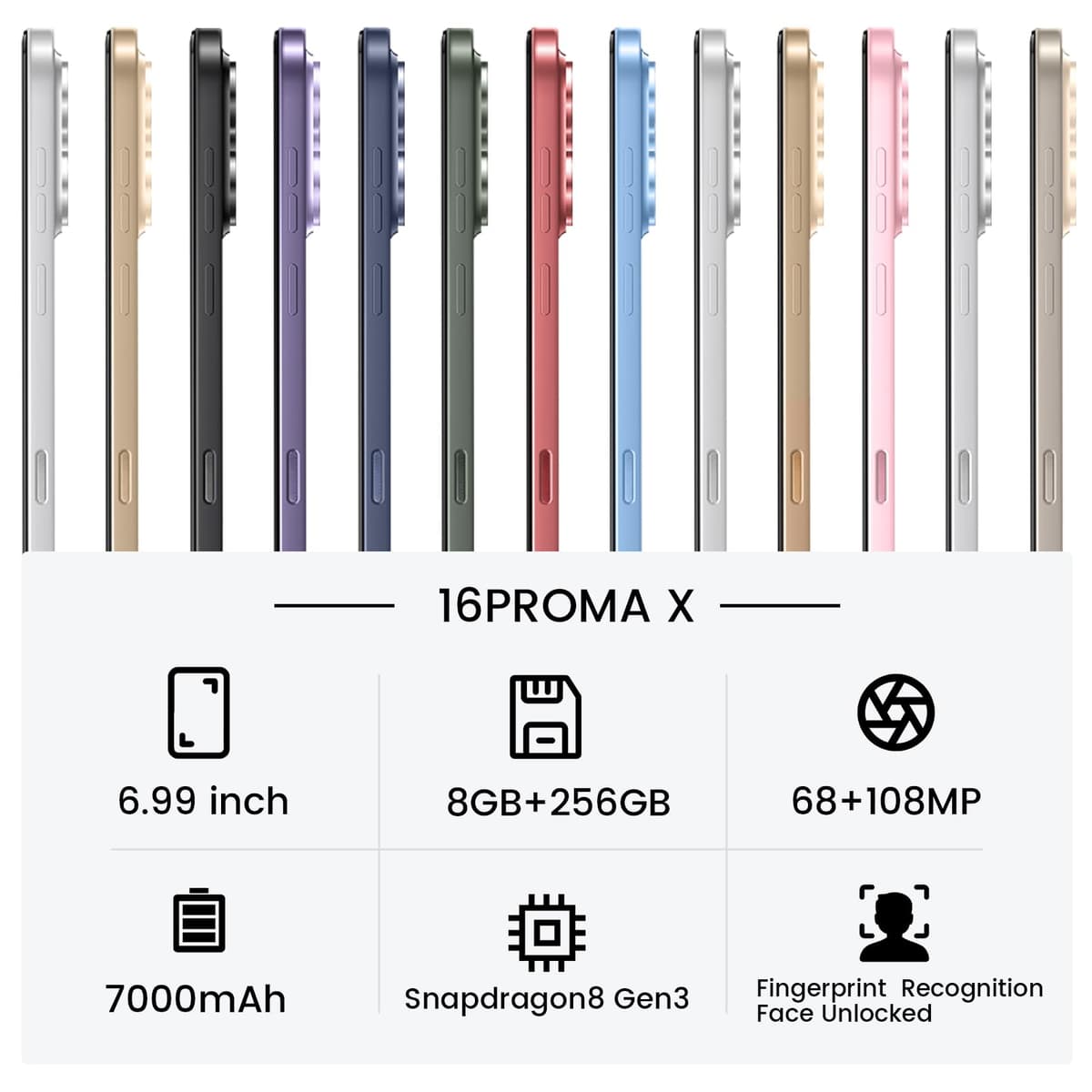 16PM Unlocked Phone,6.99" HD Screen The Phone,8+256GB with 128GB Memory Card Cell Phone, Android 13.0,108MP & 68 Camera,Photo Shortcut button/5G/Face ID/Fingerprint Lock (Gray) — view 3