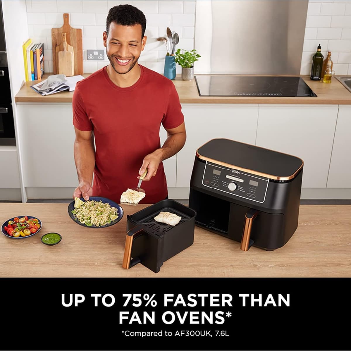 Ninja Foodi MAX Dual Zone Air Fryer, Amazon Exclusive, Tongs, 2 Drawers, 9.5L, 6-in-1, Use No Oil, Air Fry, Max Crisp, Roast, Bake, 8 Portions, Nonstick Dishwasher Safe Baskets, Copper/Black AF400UKCP — view 5