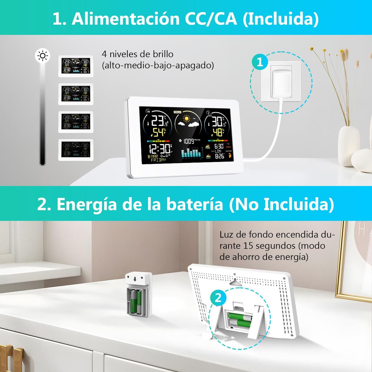 Estación meteorológica inalámbrica con sensor exterior, pantalla digital a color, reloj controlado por radio DCF, termómetro, higrómetro, estación meteorológica inalámbrica con previsión meteorológica — view 5