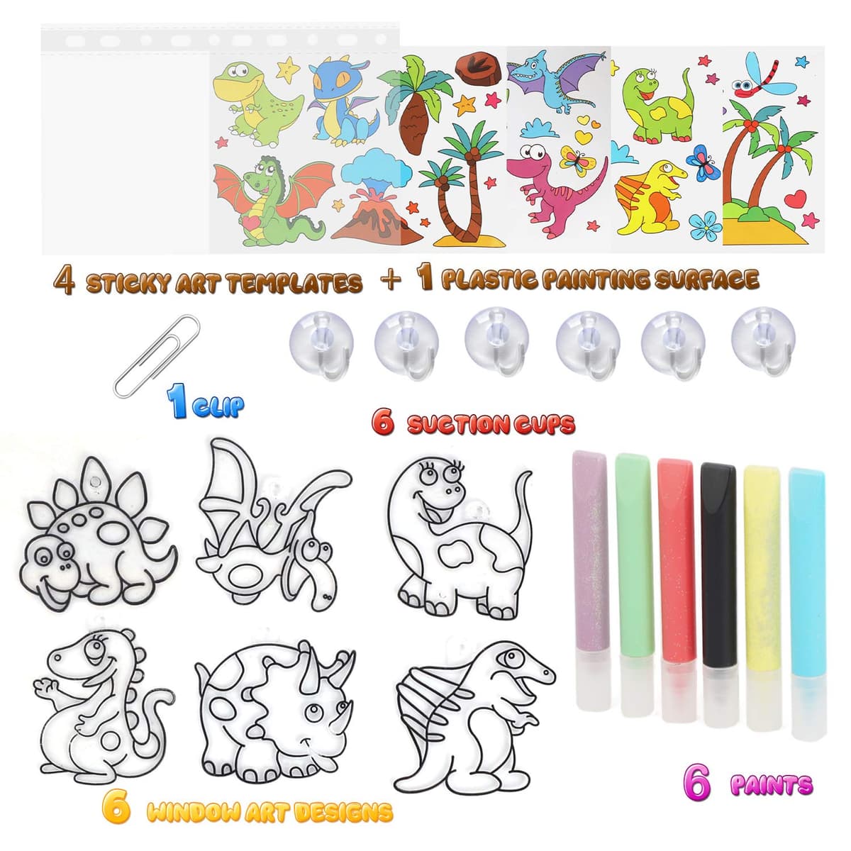 Koltose by Mash Dinosaur Suncatcher Kit, Includes 6 Dinosaur Sun Catchers, 6 Paints, 4 Templates and More, Double Kit - Window Art and Sticky Suncatcher Art — view 2