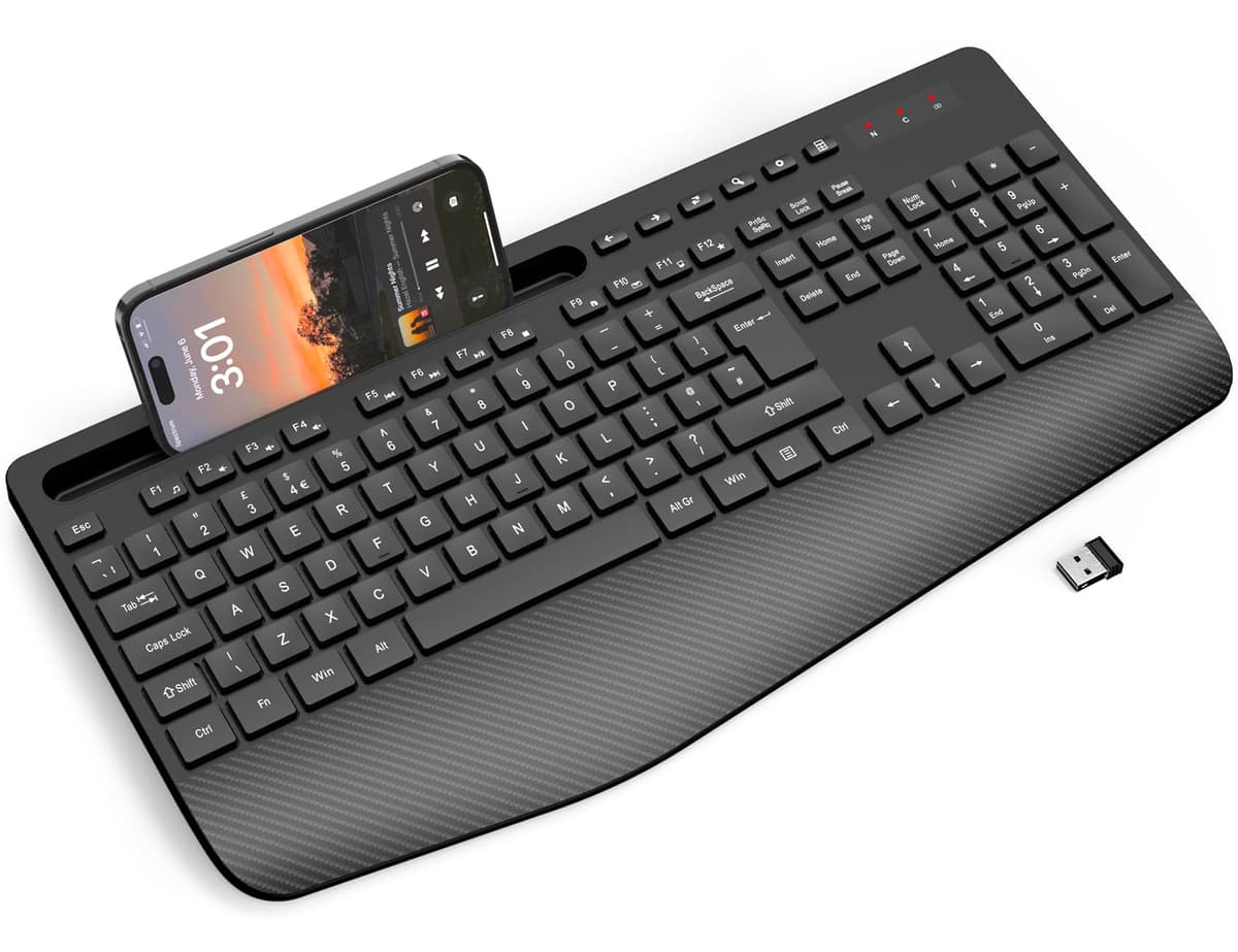 SABLUTE Wireless Keyboard with Wrist Rest, Full-size Ergonomic Keyboards with Phone Holder, Numeric Keypad, 18 Multimedia Keys, Sleep Mode, 2.4GHz Cordless Keyboard for Windows/Computer/PC, KN213