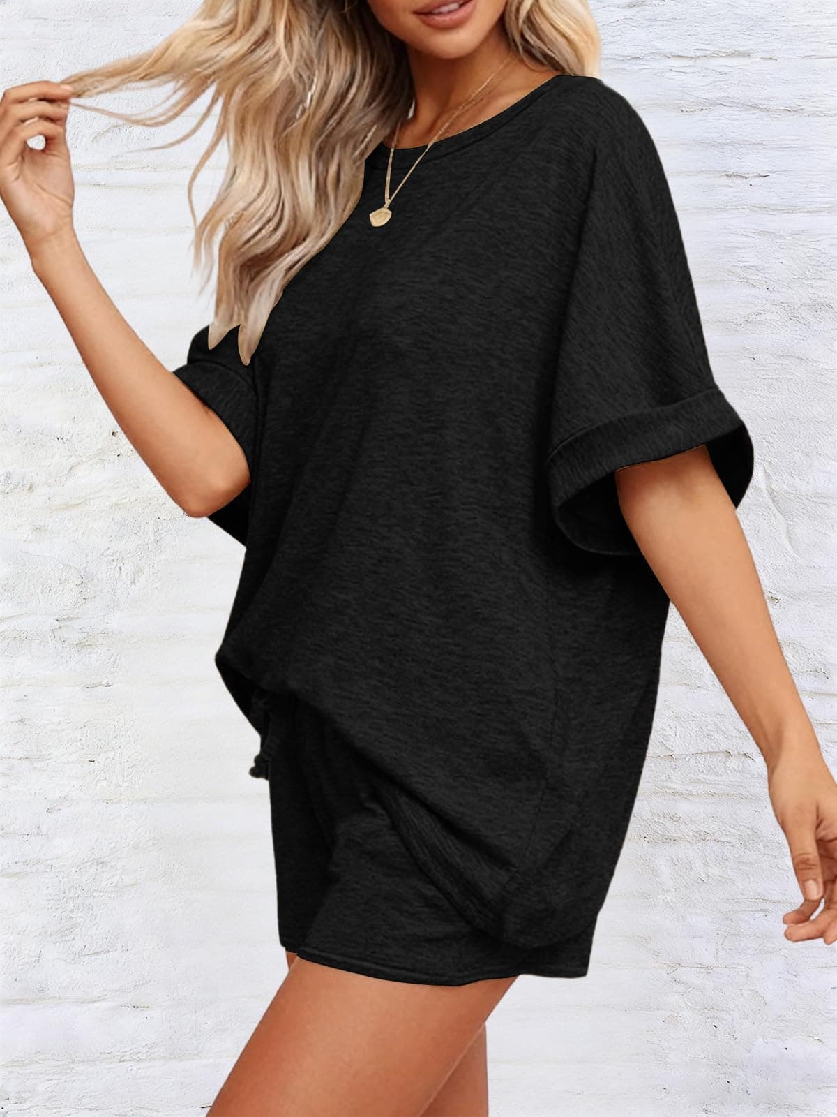 Mujer Conjunto Chándal 2 Piezas De Pantalones Verano Cortos Con Casual De Camiseta Bolsillos Y Cuello Redondo Top，Negro，S — view 5