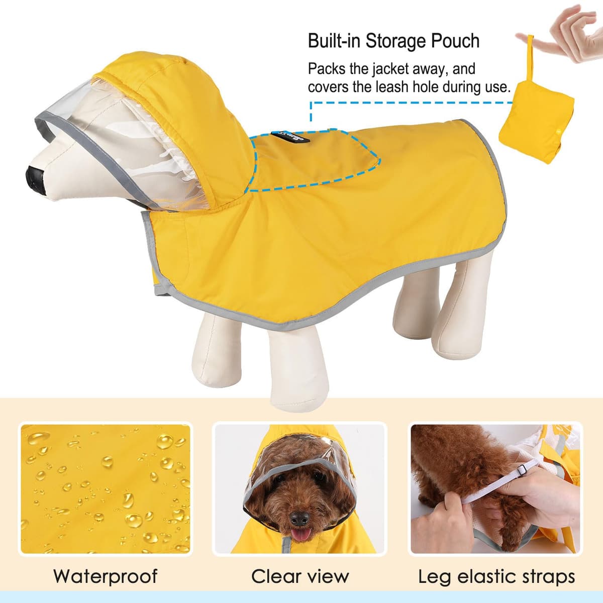 Lukovee Dog Raincoat, Adjustable Dog Rain Jacket with Clear Hooded Double Layer for Large Medium Small Dogs Puppies, Waterproof Rain Coat Poncho with Reflective Storage Pocket & Rim (Yellow,M) — view 4