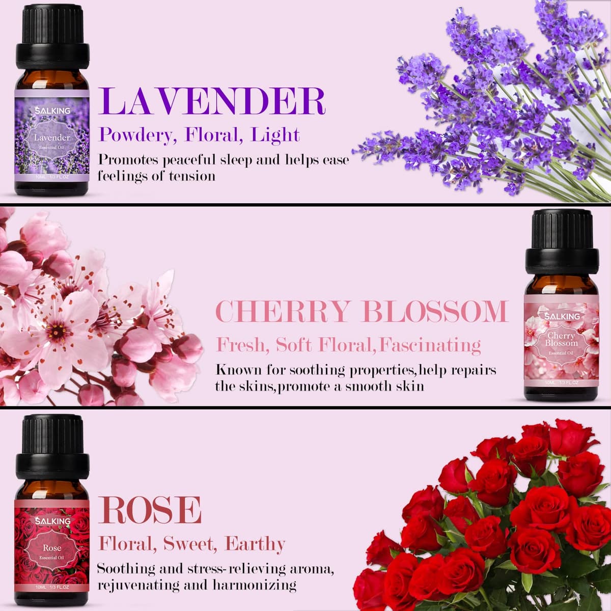SALKING Flores Aceites Esenciales para Humidificador Difusor 6 x 10 ml,100% Puro Aceites Esenciales Naturales Aceite Perfumado - Lavanda,Rosa, Jazmín, Gardenia, Manzanilla, Flor de cerezo — view 3