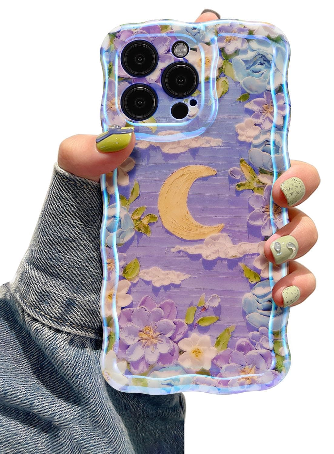 EYZUTAK Case for iPhone 17 Pro, Colorful Retro Oil Painting Printed Flower Laser Glossy Pattern Cute Curly Wave Edge Exquisite Phone Cover Stylish Durable TPU Protective Case for Girl Women-Green — view 23
