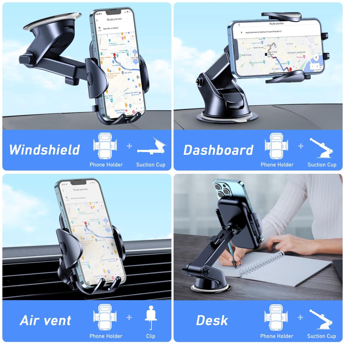 Blukar Car Phone Holder, Adjustable Car Phone Mount Cradle 360° Rotation - 4 in 1 Super Stable for Dashboard/Windscreen/Air Vent, One Button Release for All 4.7 to 6.7 inch Smartphones — view 2