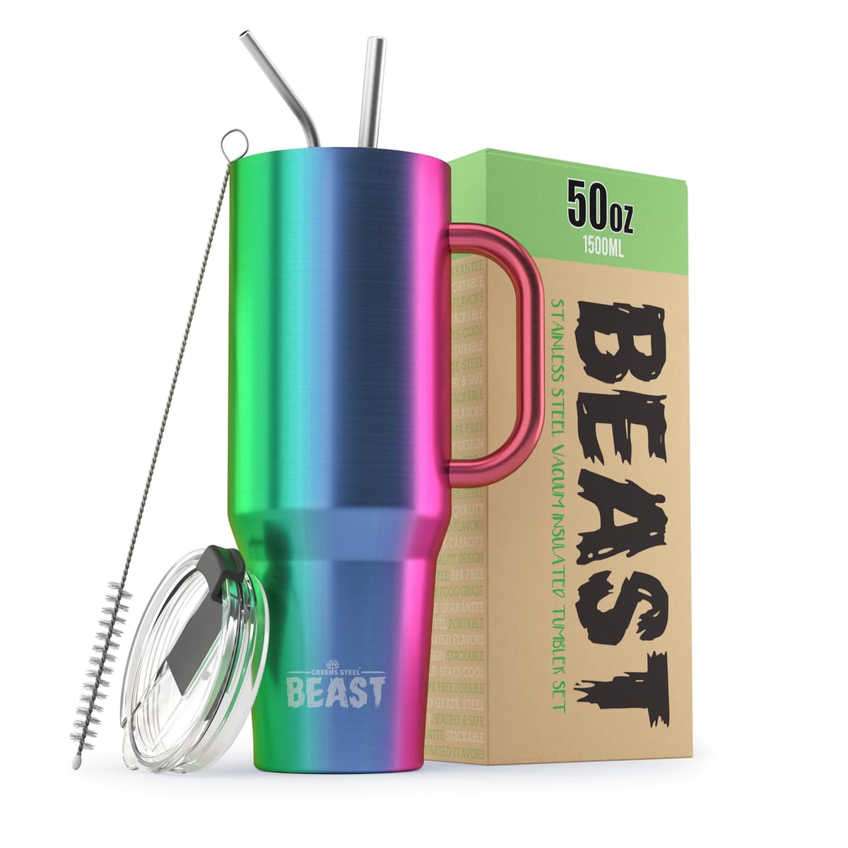 Greens Steel Beast Tumbler – 550 ml (20 oz), Coral | Vaso de acero inoxidable reutilizable con aislamiento al vacío | con 2 pajitas y cepillo de limpieza | Termo de viaje de doble pared — view 41