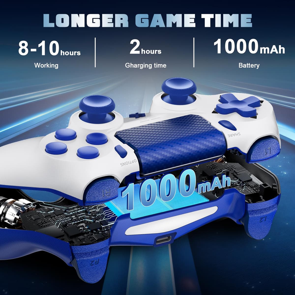 Jeifhxu Wireless Controller for PS-4, Upgraded Controller Wireless for PS-4/Slim/PC, Bluetooth Gamepad Joystick with Dual Vibration/Touch Panel/ 3.5mm Audio Jack/Six-Axis/Ergonomic(Blue) — view 3