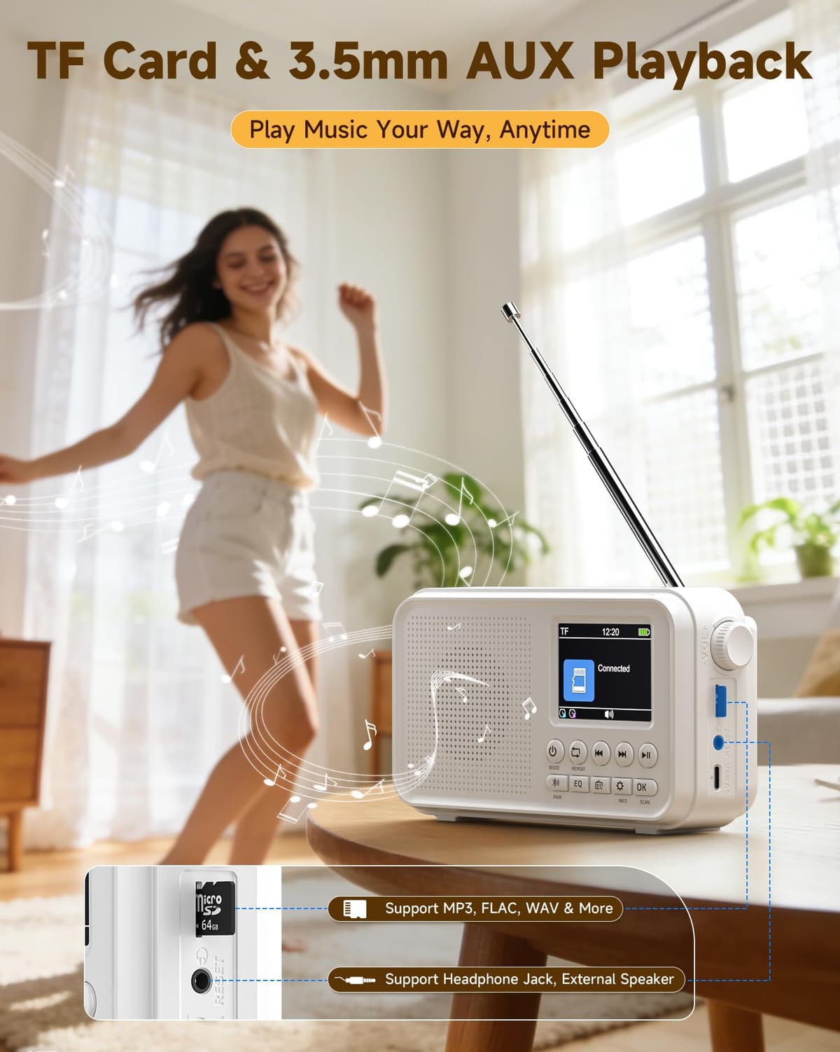 Roxicosly Portable DAB Radio, 3000mAh Rechargeable & Mains Powered Digital FM Radio with Bluetooth, 2.4" Color Display, 18H Playtime, 80 Presets, EQ, 3.5mm AUX & SD Card Slot, Dual Alarm, Sleep Timer — view 5