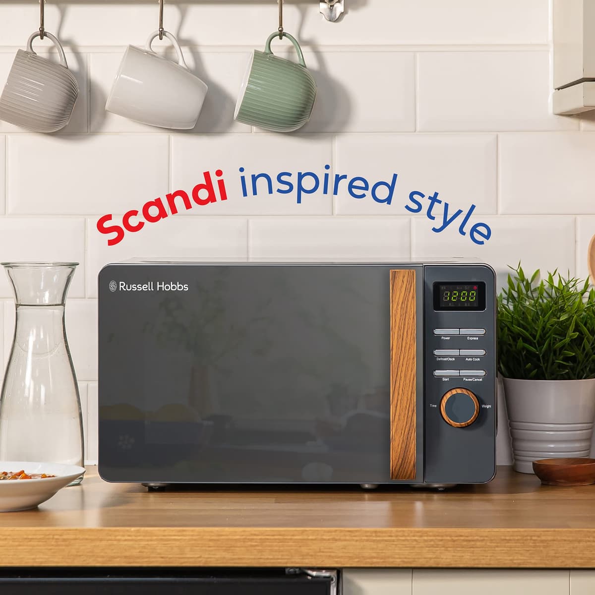 Russell Hobbs RHMD714G 17 L 700 W Scandi Grey Digital Microwave with 5 Power Levels, Wood Effect Handle & Dials, Clock & Timer, Automatic Defrost, Easy Clean, 8 Auto Cook Menus — view 3