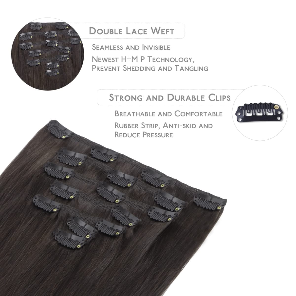 WENNALIFE Remy - Extensiones de clip de pelo natural, 70 g, 7 unidades, 50 cm, color marrón oscuro — view 3