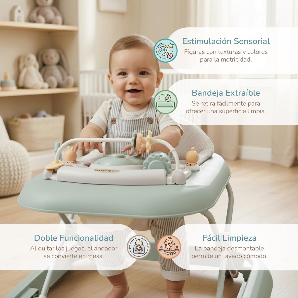 Buddy Baby Funny - Andador Bebe con Base Antivuelco - Incluye Bandeja De Sonidos Y Juegos (Verde) — view 2