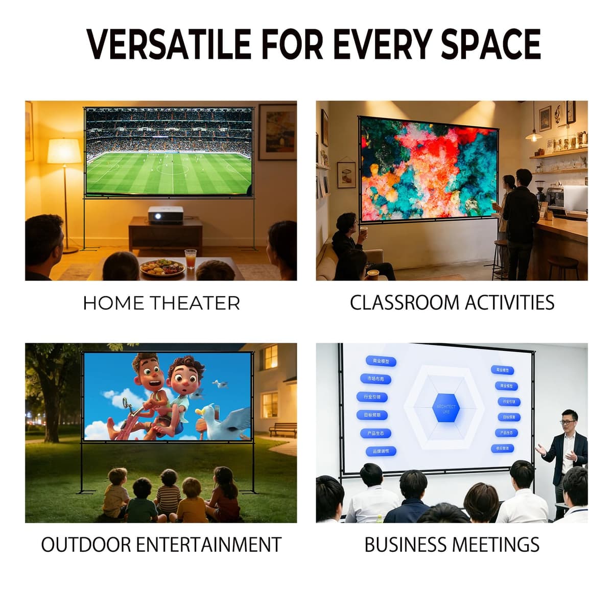 Projector Screen Outdoor with stand, 120 inch 16:9 HD 4K Portable Projection Screen Movie Screen for Indoor & Backyard, Quick Setup Wrinkle-Resistant Frame for Home Theater, Camping, Parties — view 2