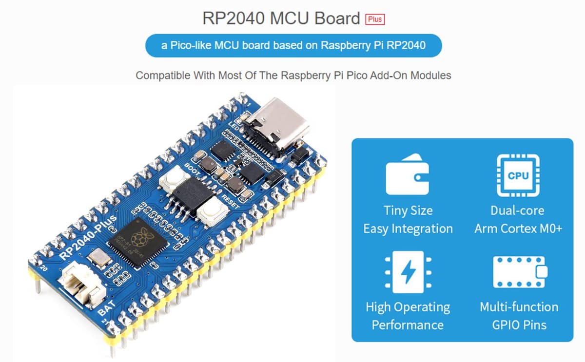 Waveshare RP2040-Plus Pico-like MCU Board Based on Raspberry Pi RP2040 Chip, with Pre-soldered Header, 4MB Flash, USB-C Connector, Compatible with Most of Raspberry Pi Pico Add-on Modules — view 3