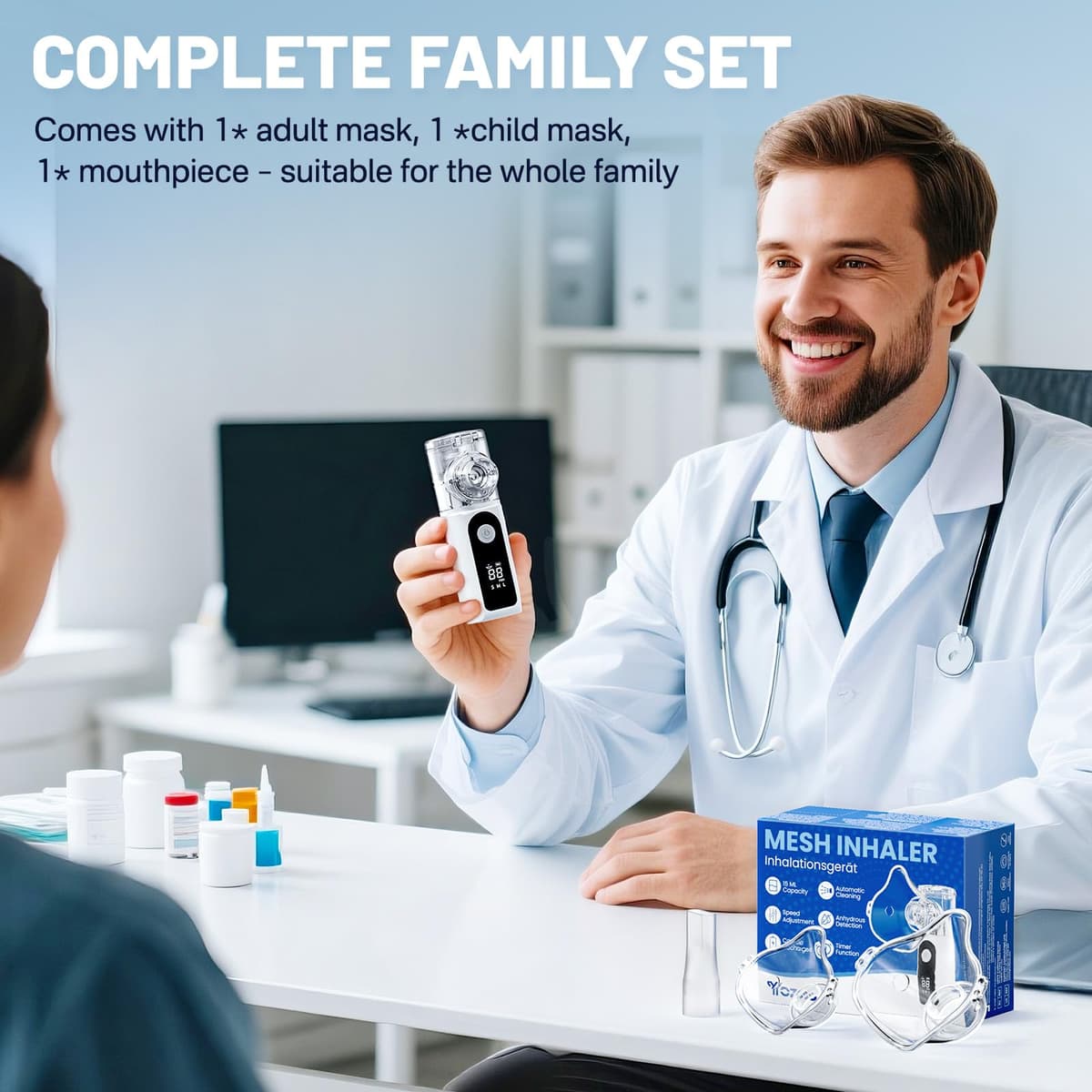 Aerosols Nebulizer Adults and Children, Portable Inhaler Rechargeable Nebulizer Particle Size 1-5µm with 2 Masks and Nozzle for Home and Travel Use — view 8