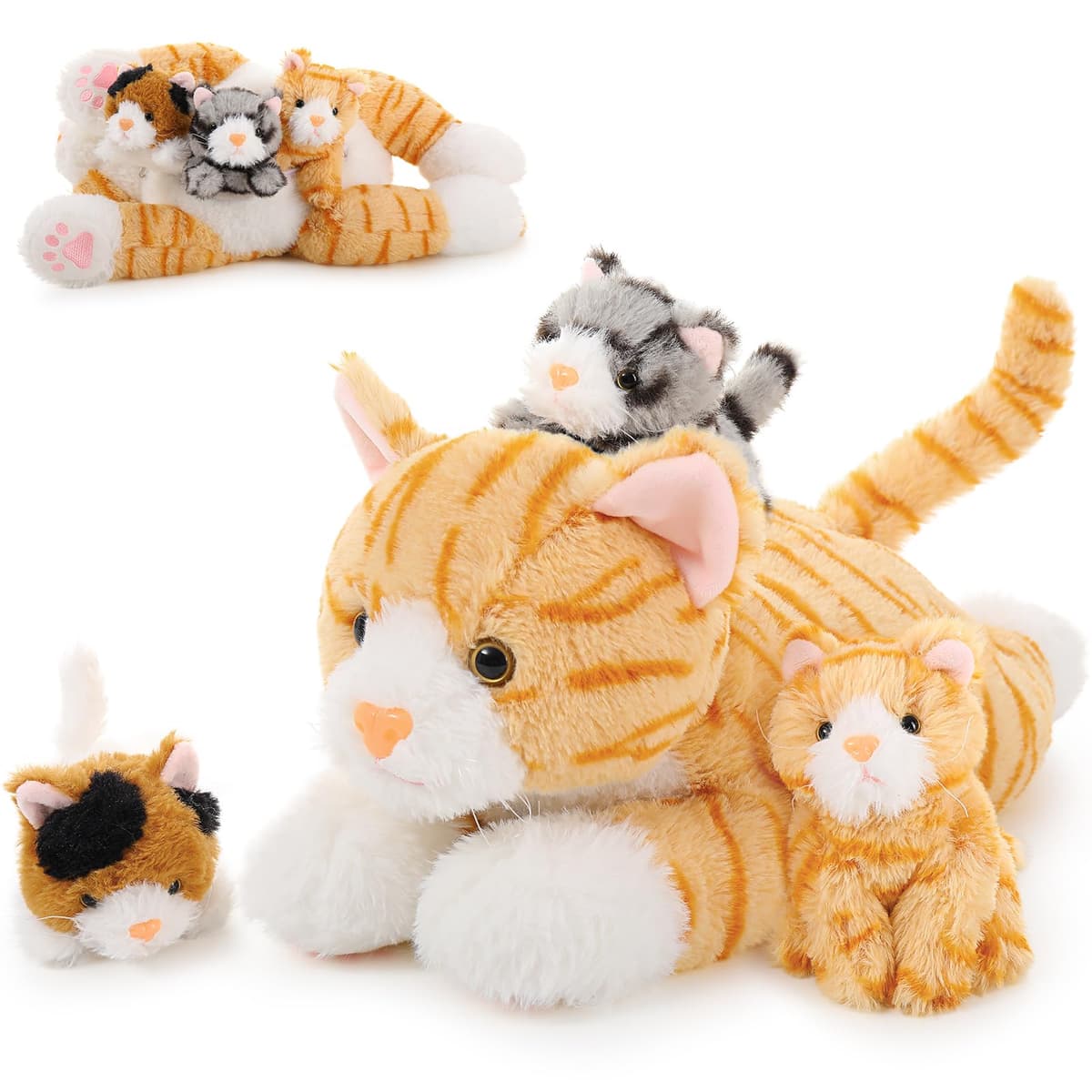 MorisMos Cat Teddy Soft Toy, 40cm Mom Plush with 3 Cuddly Baby Inside Kawaii Kittens Realistic Fluffly Cat Gift for Kids Girlfriend Birthday Christmas Deco